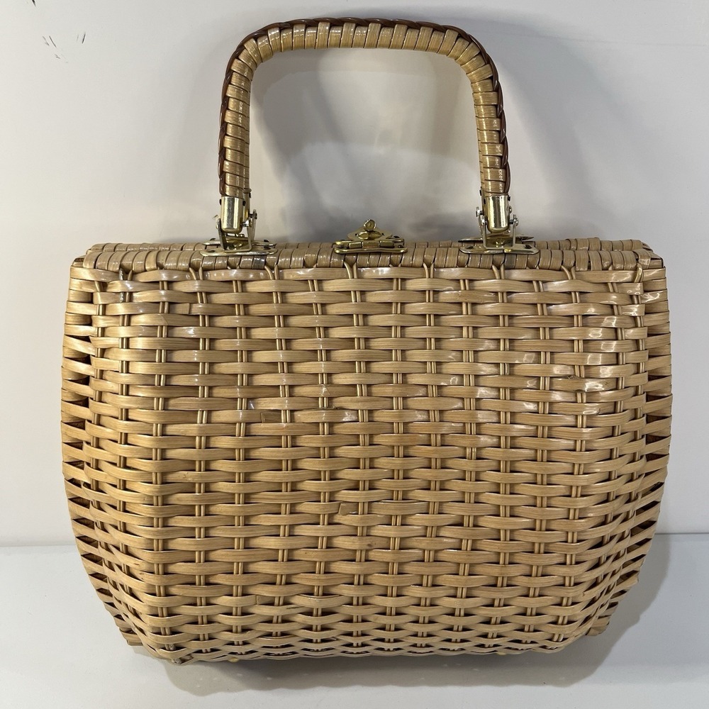 Vintage Wicker Rattan Handbag British Hong Kong Double Handles Footed Turnlock - Picture 2 of 8